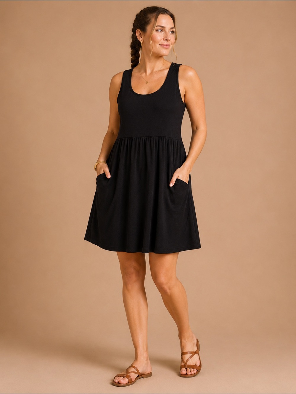 J Valdi Black Deep Pocket Stretch Tank Dress Swim Cover Up XL